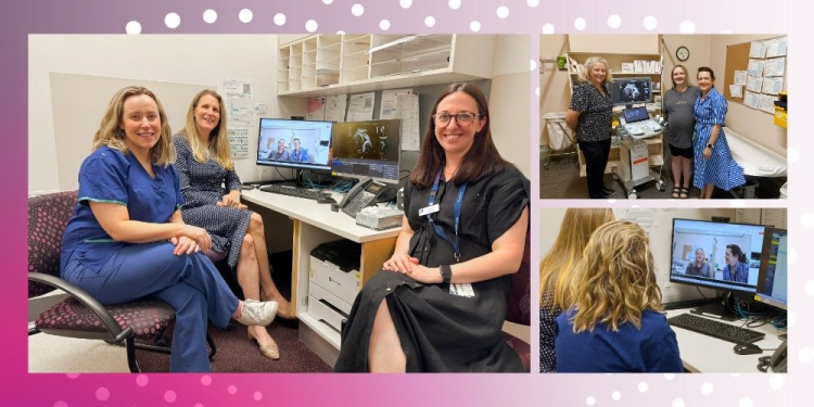 Healthcare staff sitting at a desk with computer screens showing a video call, and smaller images of staff standing near medical equipment a