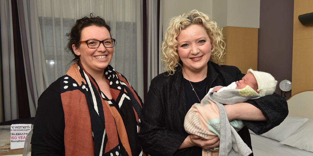 Mum Sonia with daughter Elsie meeting the Health Minister Jill Hennessy at the Women's today 