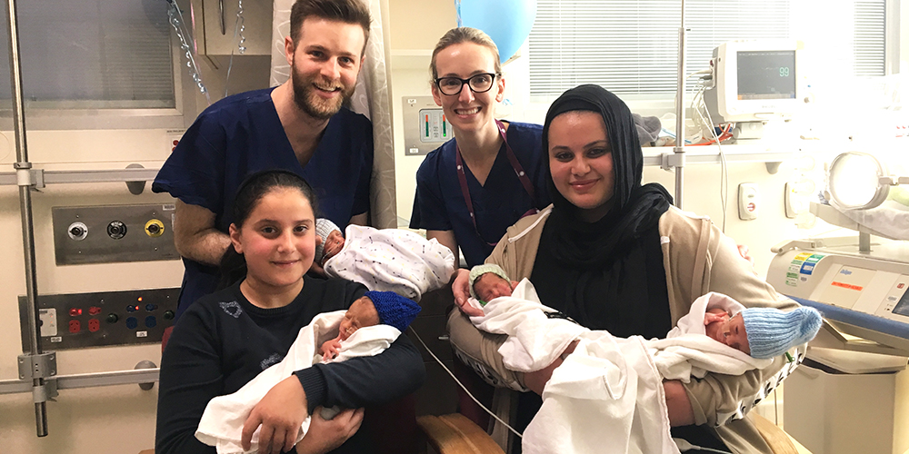 Dr Shemer and Dr Tracey Gilchrist with big sisters Issra and Fadwa and Quads Omar, Uthman, Amr and Hend.