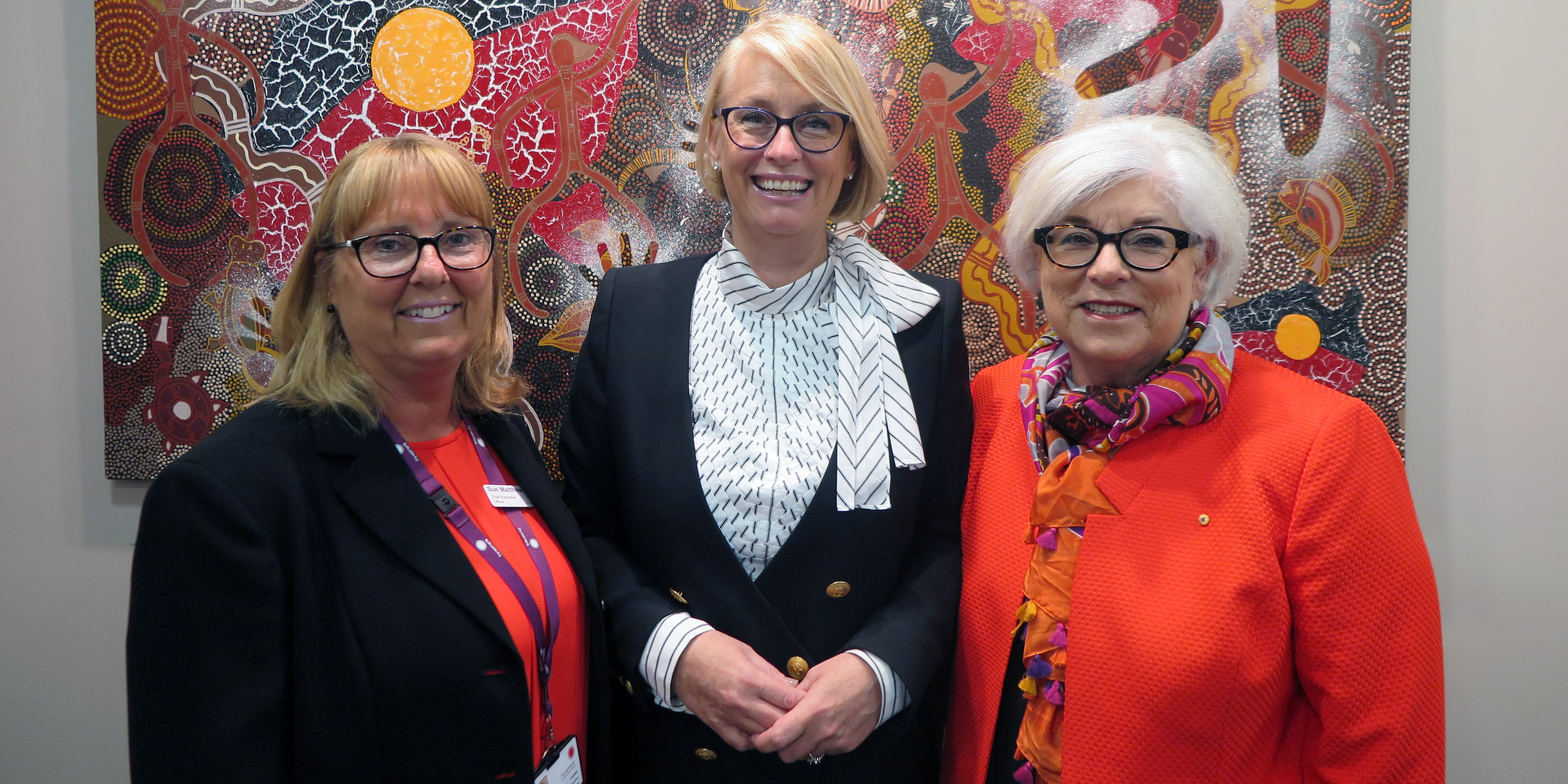 City of Melbourne Lord Mayor Sally Capp with the Women's CEO Sue Matthews (left) and Board Chair Lyn Swinburne AO (right)