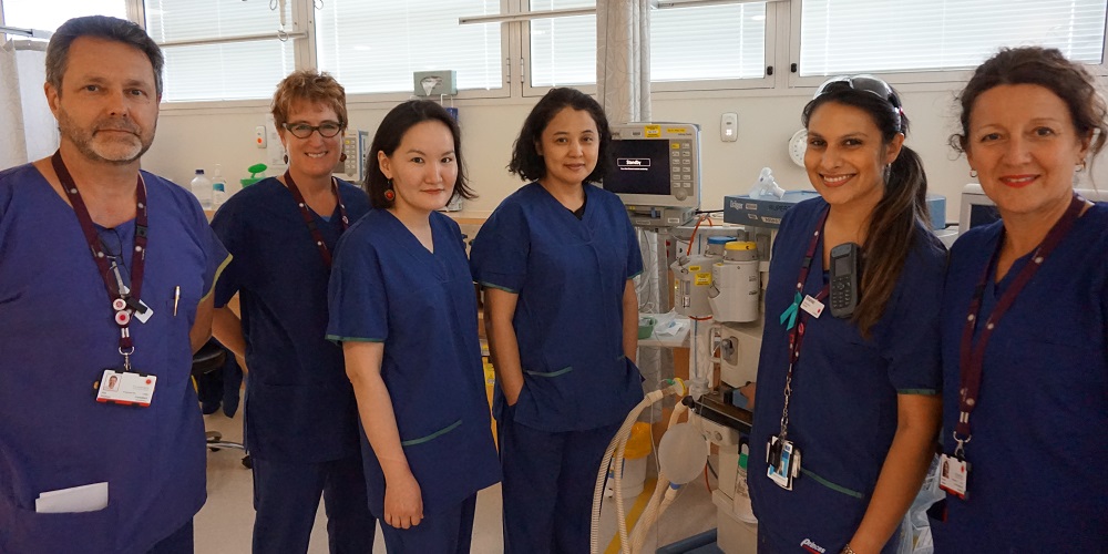 This year two doctors from Mongolia came to observe doctors at the Women's, ahead of their trip in June. L-R: Dr Phil Popham, Dr Sam Hargreaves, Maternity One Hospital doctors Oggie and Unurj, perioperative nurse specialist Shanez Sinnathamby and Dr Kym Jansen