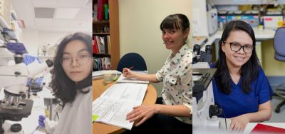 Montage of three scientists. Two women are in the lab environment with a microscope. A third woman is taking research notes.