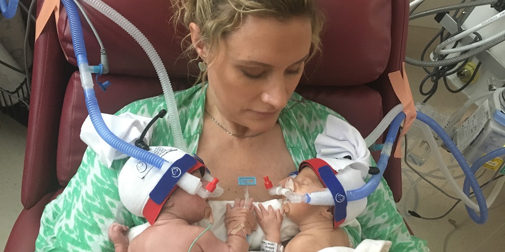 Actress Jane Allsop with babies Willow and Skyler in NICU 