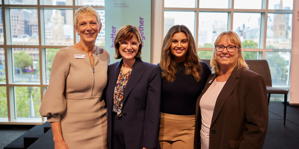 Board Chair Cath Bowtell, Victorian Minister for Health the Honourable Mary-Anne Thomas, keynote speaker Jamila Rizvi and CEO Sue Matthews.